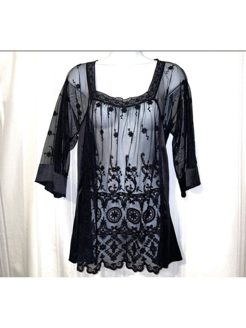NWOT Johnny Was 4 Love + Liberty Sheer Black Lace Tunic Top Small